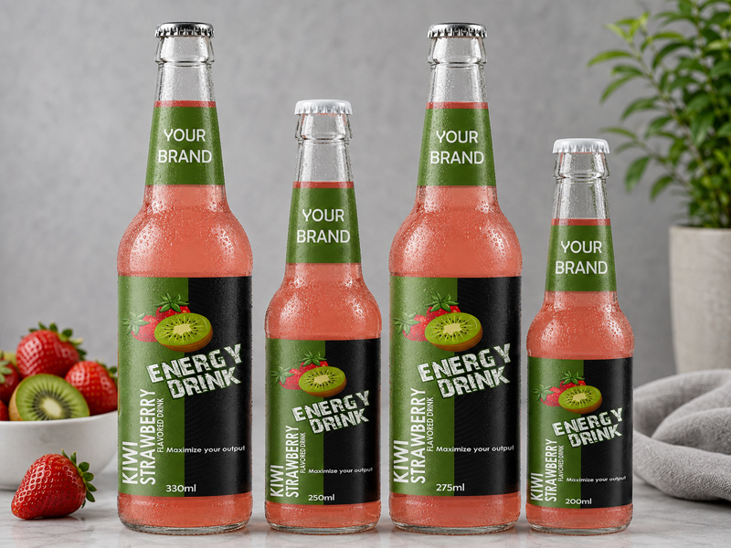 ENERGY DRINK Kiwi Strawberry flavored drink available in 330ml, 250ml, 275ml, and 200ml glass bottles.